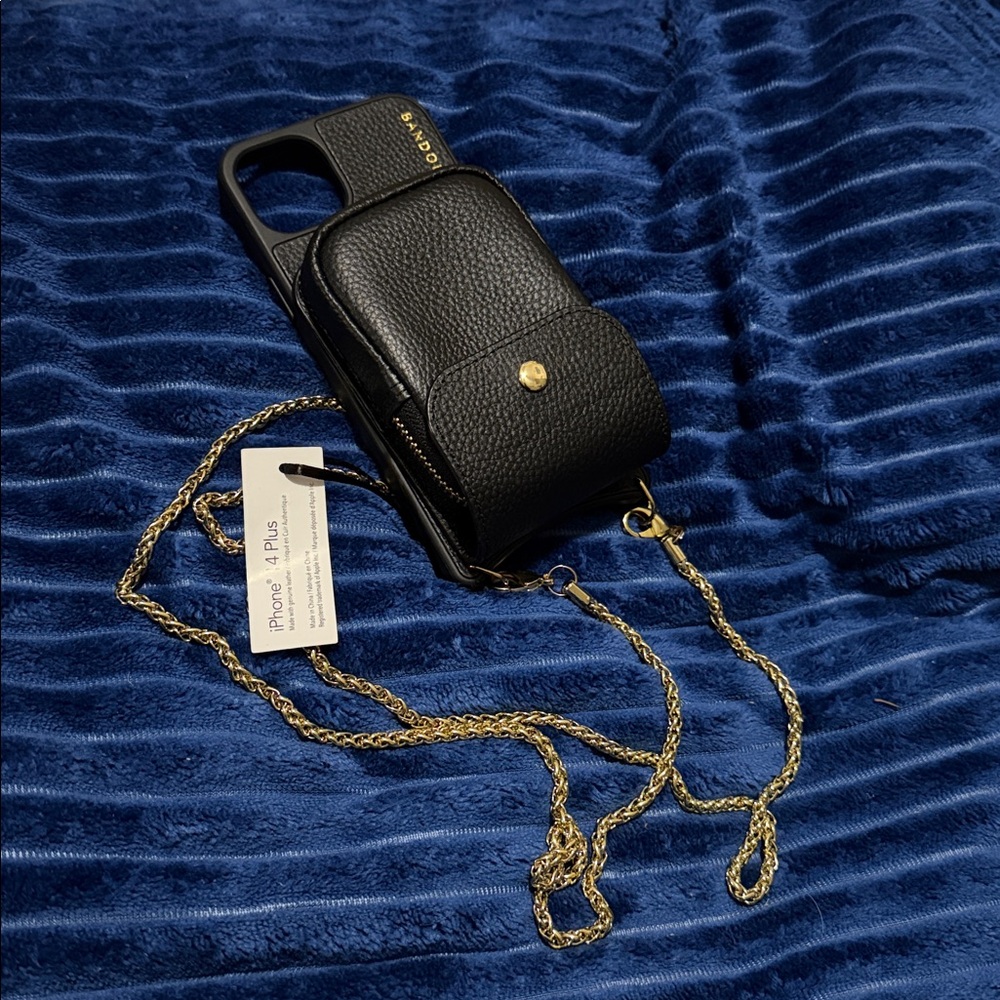 River Bandolier Black Phone 14 Plus Case with Gold Accents and Lanyard